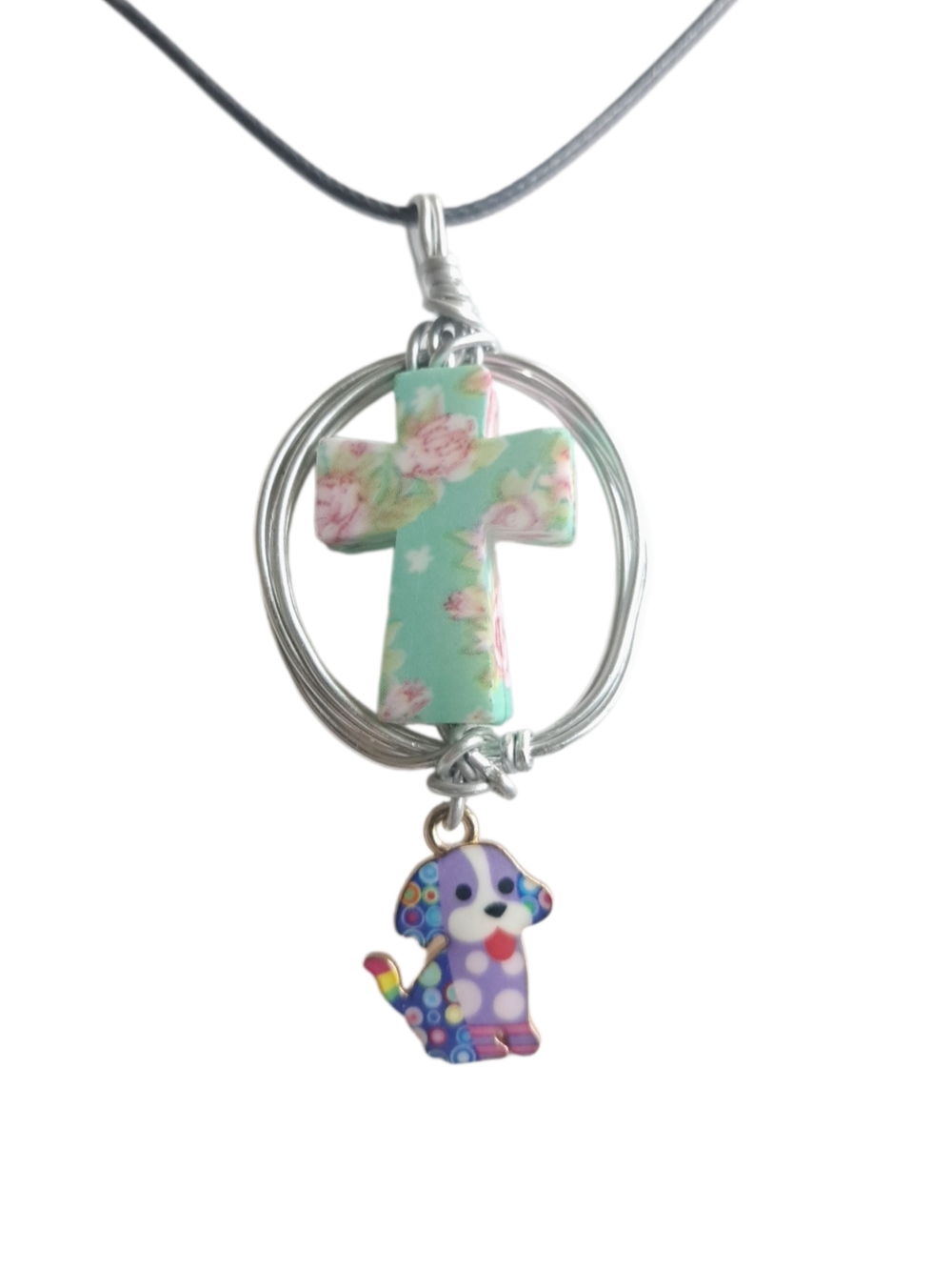 Floral Mint Cross Pendant & Colorful Puppy Charm w/ Cord Necklace| NWOT